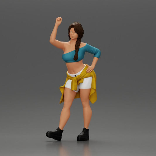 Diorama Modellbau Produktfoto 0: Miniaturfigur: Mädchen in Top & Shorts, Shirt um Hüfte gebunden, Arm erhoben (Ref Nr. A56)