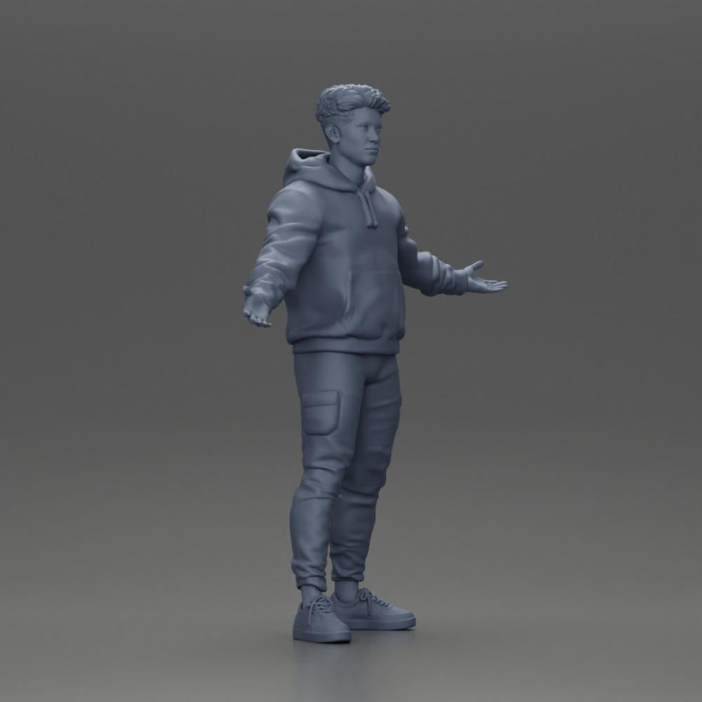 Diorama modelářství produktová fotografie 7: Miniatura postavy Asijského muže v mikině s kapucí, ruce vztyčené do stran (Ref Nr. A60)