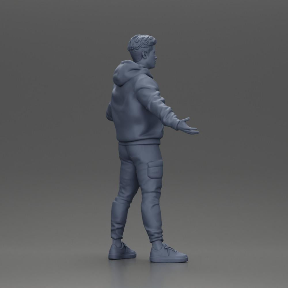 Diorama modelářství produktové foto 8: Miniatura postavy asijského muže v mikině s kapucí, ruce vztyčené do stran (Ref Nr. A60)