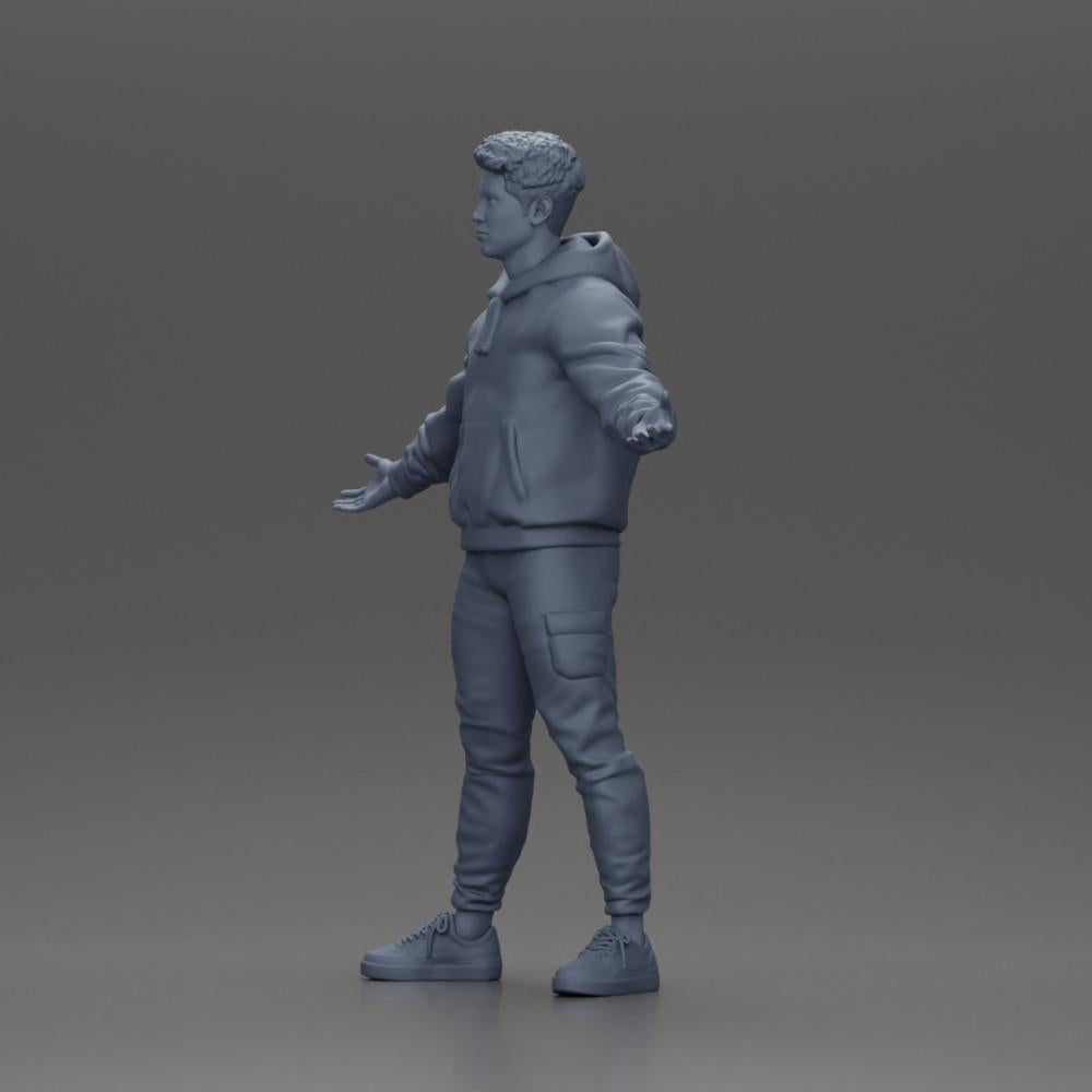 Diorama modelářství produktová fotografie 11: Miniatura postavy Asijského muže v mikině s kapucí, ruce vztyčené do stran (Ref Nr. A60)