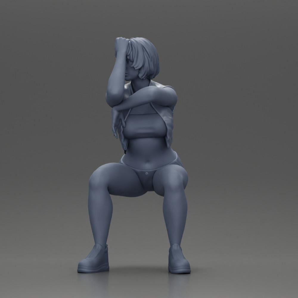 Foto de produto de modelismo diorama 11: Miniatura em posição sentada: Mulher com jaqueta de couro curta, top, calções e ténis (Ref Nr. A61)