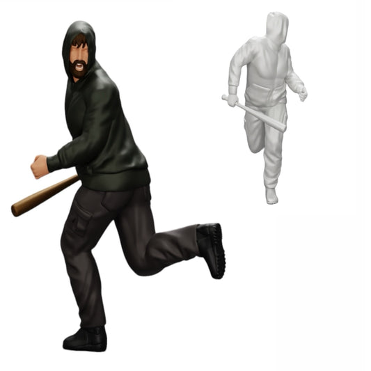Diorama Modellbau Produktfoto 0: Gangster mit Kapuzenpulli und Baseballschläger auf der Flucht (Ref Nr. A1)