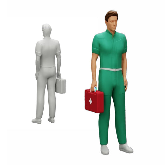 Diorama Modellbau Produktfoto 0: Sanitäter steht mit einem Erste-Hilfe-Kasten bereit (Ref Nr. A28)