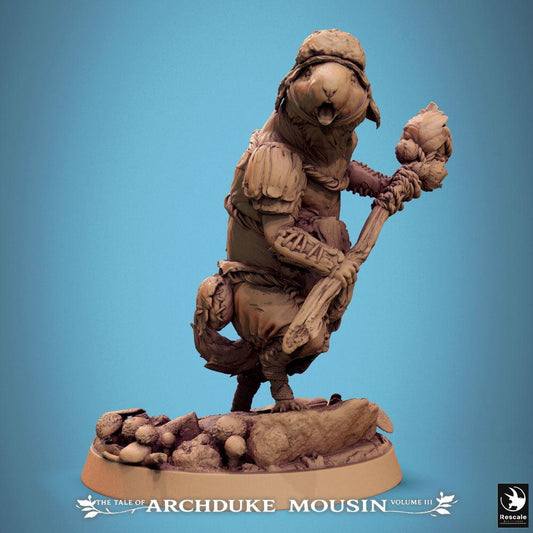 Produktový obrázek Tabletop 28mm Lord of the Print (LotP) 0: Tabletop miniatura: Nager-barbar s kyjem, potkaní válečník v bojovém výkřiku (Lemming Cry) (25_07_L3)