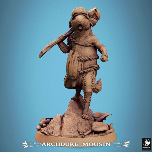 Produktfoto Tabletop 28mm Lord of the Print (LotP) 0: Tabletop miniatura: Králičí válečník / Rattus skaut, barbar s kyjem, volající vůdce na skalní základně (25_07_L7)