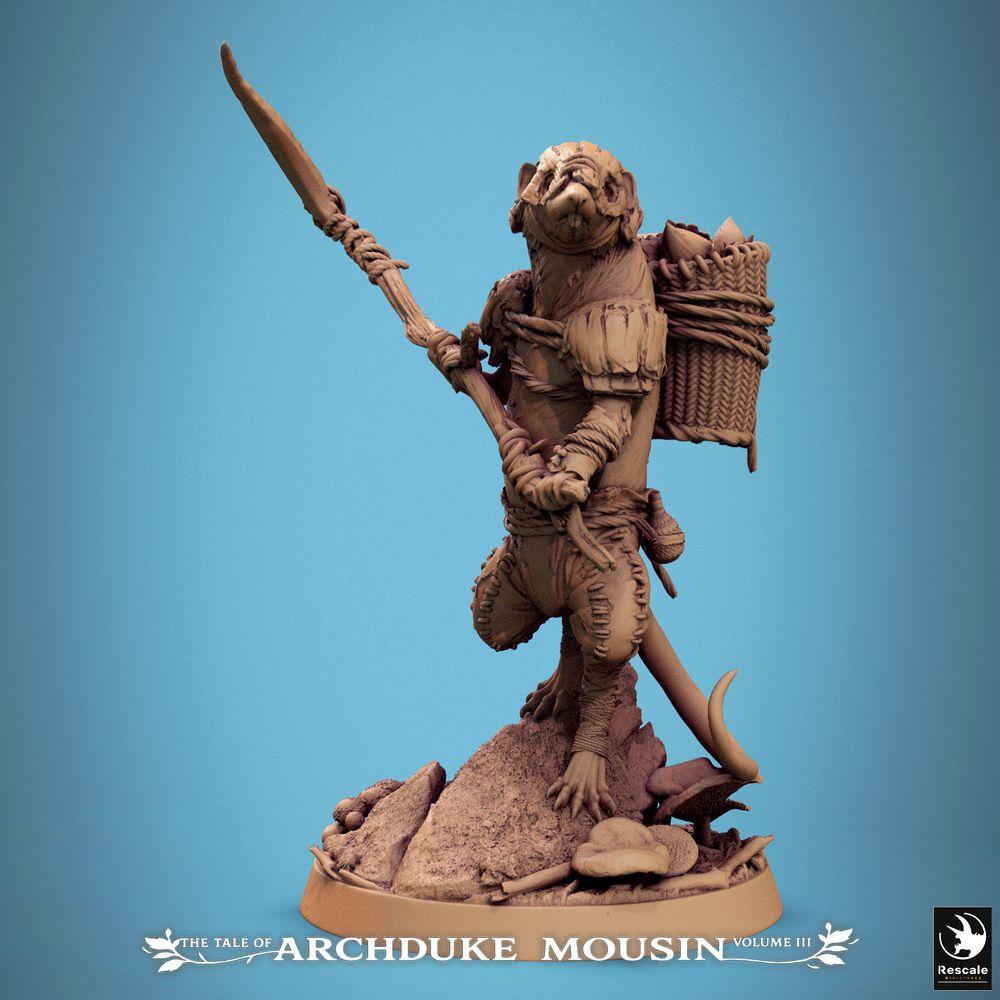 Produktový obrázek Tabletop 28mm Lord of the Print (LotP) 0: Fantasy figurka: Strážce ježka s kopím - hlídka myší, lesní skaut/špeh, dobrodruh Beastfolk (Strážce etruského ježka) (25_07_K5)