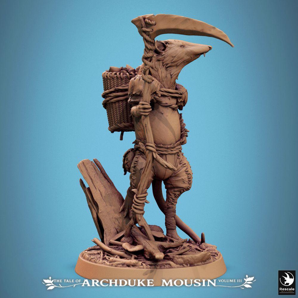 Product photo Tabletop 28mm Lord of the Print (LotP) 0: Tabletop miniature: Mouse ranger and scout - animal-human in shrew look (Etruscan Shrew) with scythe, walking staff, and carrying basket (25_07_K7)