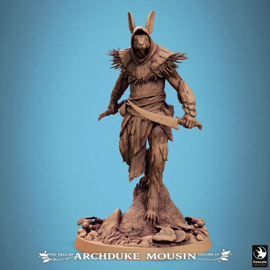 Produktfoto Tabletop 28mm Lord of the Print (LotP) 0: Tabletop miniatura: Králičí člověk zabiják / skaut lesníka, zloděj s zakřiveným mečem a kapucí, základna s kamenem (25_07_N1)