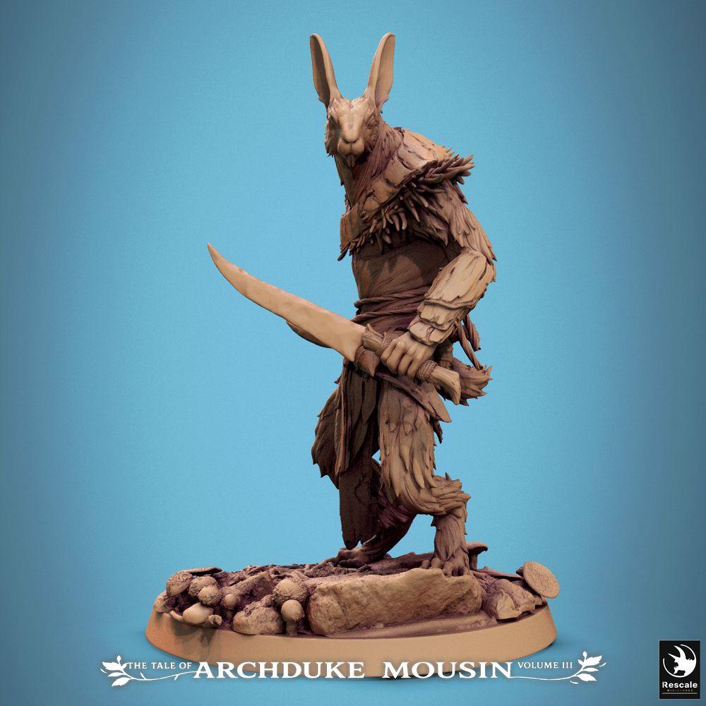 Product photo Tabletop 28mm Lord of the Print (LotP) 0: Fantasy figure: Anthropomorphic rabbit warrior - Ranger, scout, and skirmisher with curved sword, second blade on belt (25_07_N5)