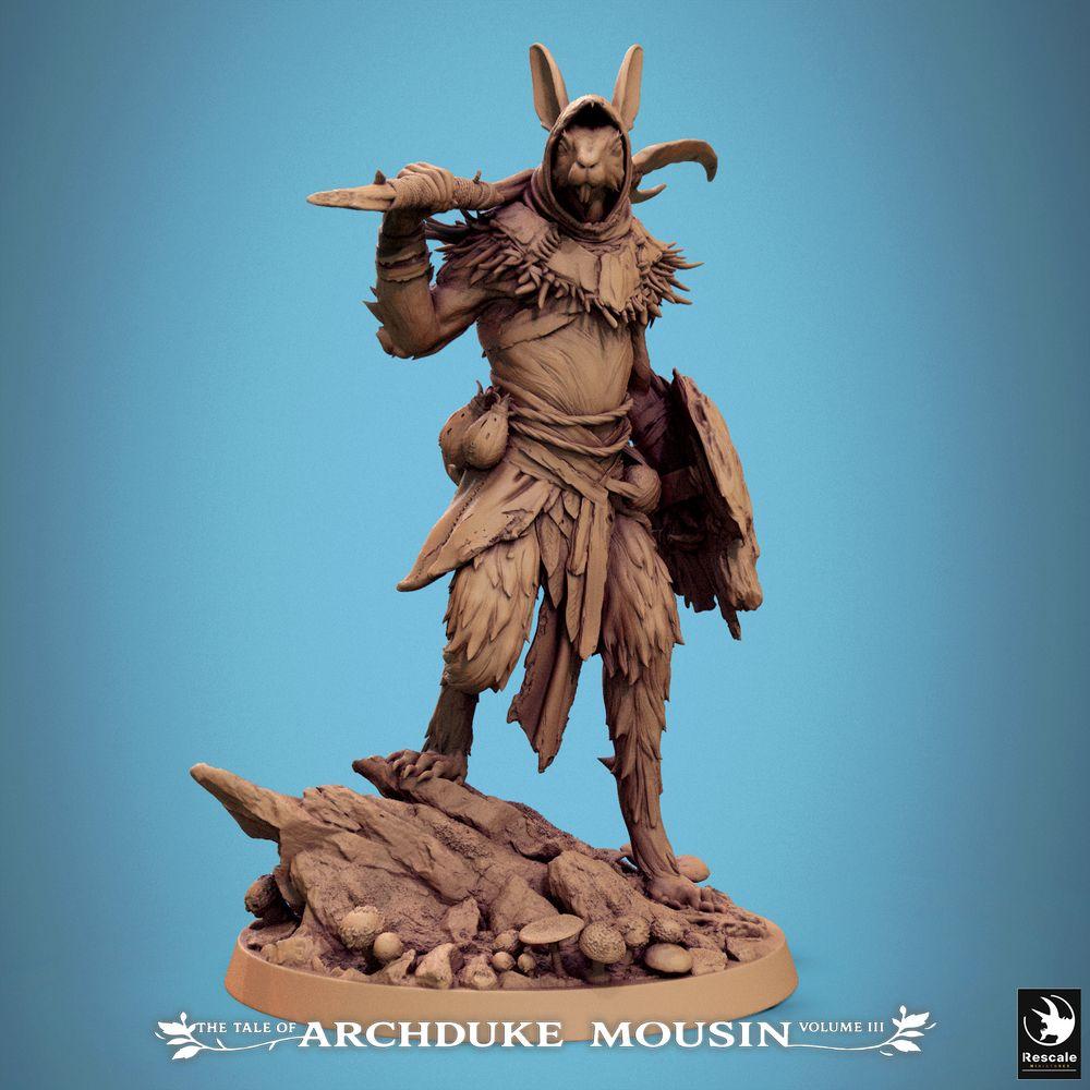 Product photo Tabletop 28mm Lord of the Print (LotP) 0: Tabletop miniature: Rabbit Warrior Beastman - Ranger, Scout, and Rogue with sickle blade and round shield on rock base - Rabbit Triumph (25_07_N17)