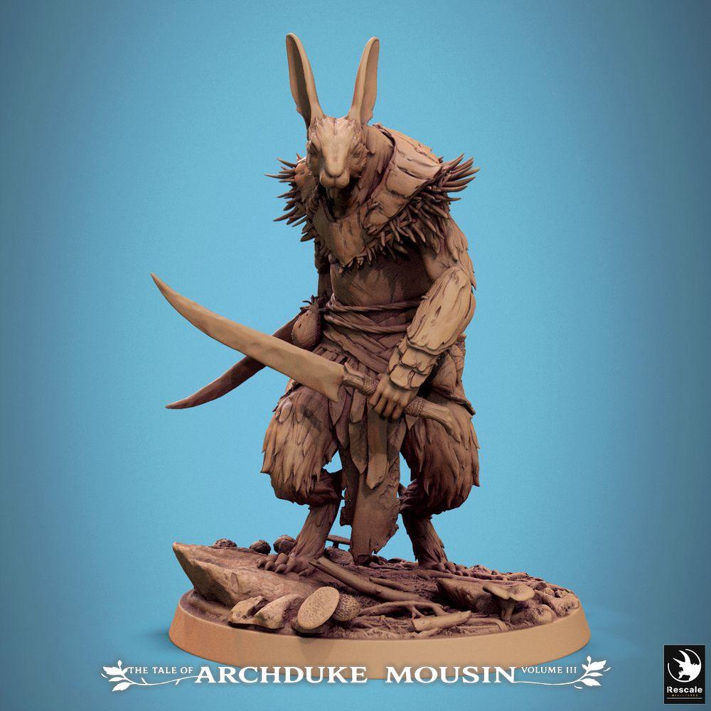 Product photo Tabletop 28mm Lord of the Print (LotP) 0: Tabletop miniature: Rabbit-man warrior, ranger, and ambush assassin with two curved blades (Rabbit Vengeance) (25_07_N19)