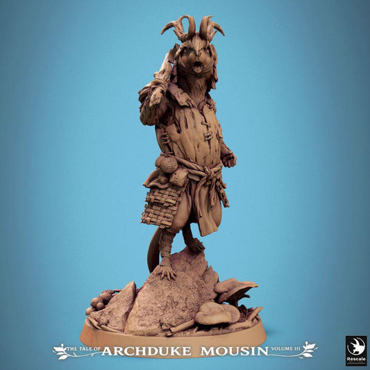Produktová fotografie Tabletop 28mm Lord of the Print (LotP) 0: Tabletop miniatura: Rattenmensch vůdce s kyjem, hlodavec šaman, lesní druid, myší válečník, Ratfolk náčelník na skalní základně s houbami (25_07_G3)