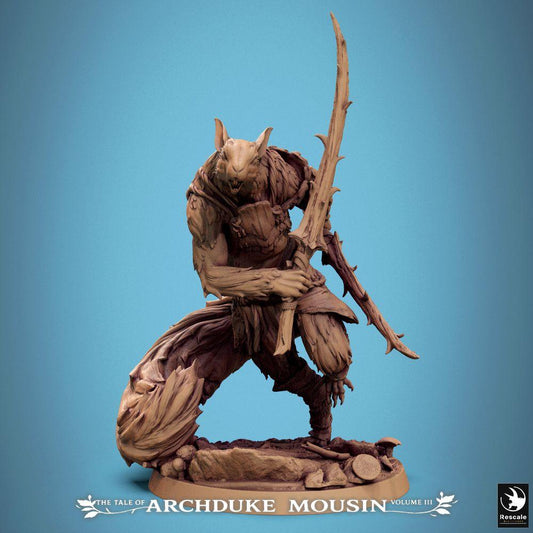 Produktový obrázek Tabletop 28mm Lord of the Print (LotP) 0: Fantasy Tabletop miniatura: Rattenmensch válečník / hlodavec-assassín s zakřivenou čepelí v dynamické skákací póze (25_07_M7)