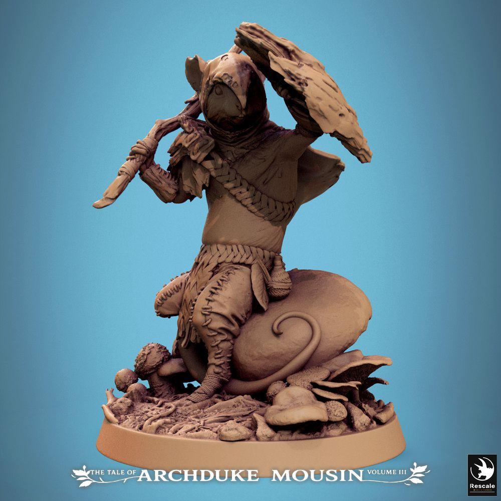 Product photo Tabletop 28mm Lord of the Print (LotP) 0: Tabletop miniature: Mouse Warrior, Ratfolk Ranger/Thief, Scout/Skirmisher with curved dagger and leaf shield (25_07_I3)