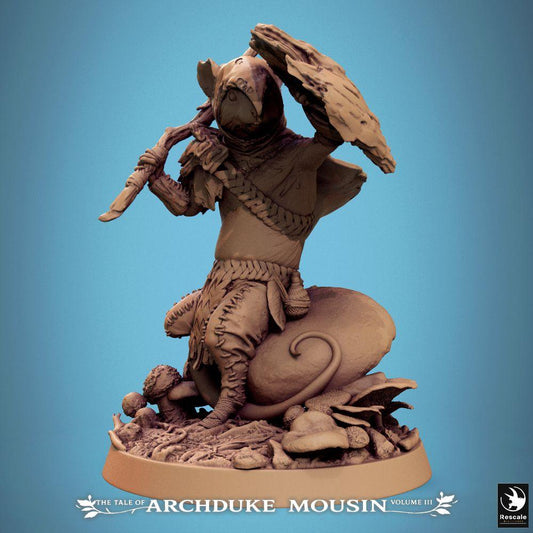 Produktfoto Tabletop 28mm Lord of the Print (LotP) 0: Tabletop miniatura: Myš-voják, potkaní člověk lesní skřet/podvodník, špeh/útočník s zakřiveným dýkou a listovým štítem (25_07_I3)