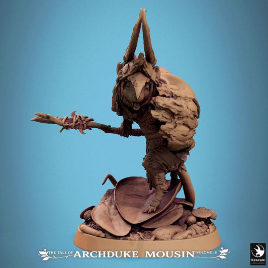 Produktfoto Tabletop 28mm Lord of the Print (LotP) 0: Tabletop miniatura: Rattenčlověk šaman/druid, kmenový bojovník, nosič kopí - číhající lovec v divočině (25_07_I7)