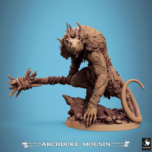 Produktfoto Tabletop 28mm Lord of the Print (LotP) 0: Fantasy miniatura: Rattenoger / Wer-Ratte, bestiální válečník s bodcovou palicí, podzemní boss-monster a protivník do dungeon-crawleru (25_07_O3)