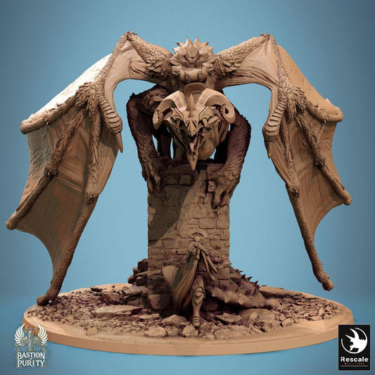 Produktfoto Tabletop 28mm Lord of the Print (LotP) 0: Tabletop Miniatur: Schattenwyrm Drache/Wyvern über Turmruine - Boss-Monster mit Ritter/Paladin als Drachenjäger, Langschwert, Diorama (24_09_F2)
