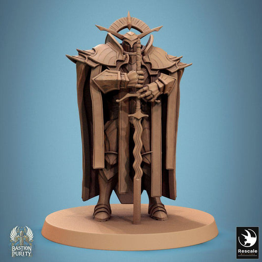 Produktfoto Tabletop 28mm Lord of the Print (LotP) 0: Fantasy Figur: Paladin/Templer, Hochritter mit Großschwert (Flamberge), Bastionsgeneral, Wächterpose, Anführer in Elite-Rüstung (24_09_C8)