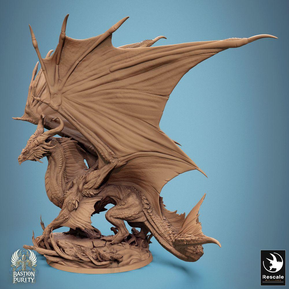 Produktfoto Tabletop 28mm Lord of the Print (LotP) 1: Tabletop Miniatur: Bronzedrache Bronze Dragon, Elder Wyrm Urdrachen, Drachenfürst Bossmonster, Flügel ausgespannt, brüllend auf Trümmer-Base (24_09_A3)