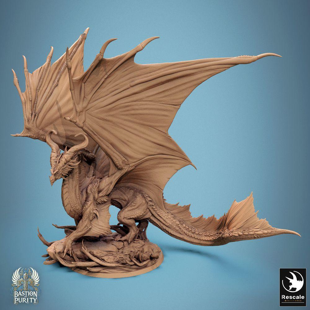 Produktfoto Tabletop 28mm Lord of the Print (LotP) 2: Tabletop Miniatur: Bronzedrache Bronze Dragon, Elder Wyrm Urdrachen, Drachenfürst Bossmonster, Flügel ausgespannt, brüllend auf Trümmer-Base (24_09_A3)