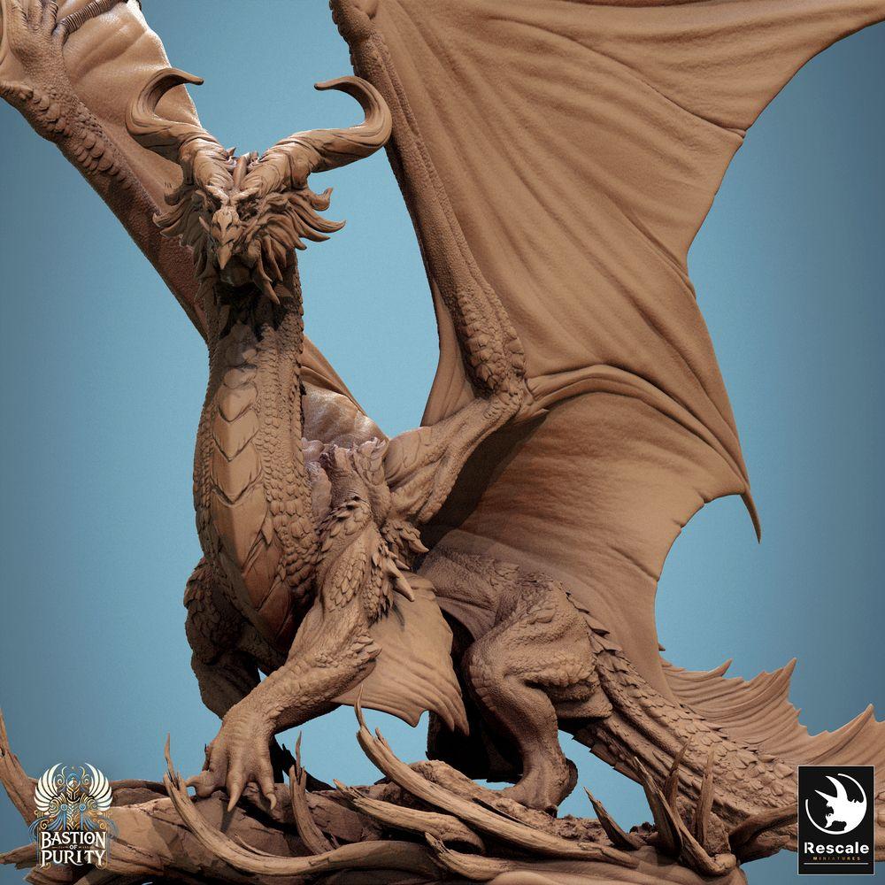Produktfoto Tabletop 28mm Lord of the Print (LotP) 4: Tabletop Miniatur: Bronzedrache Bronze Dragon, Elder Wyrm Urdrachen, Drachenfürst Bossmonster, Flügel ausgespannt, brüllend auf Trümmer-Base (24_09_A3)