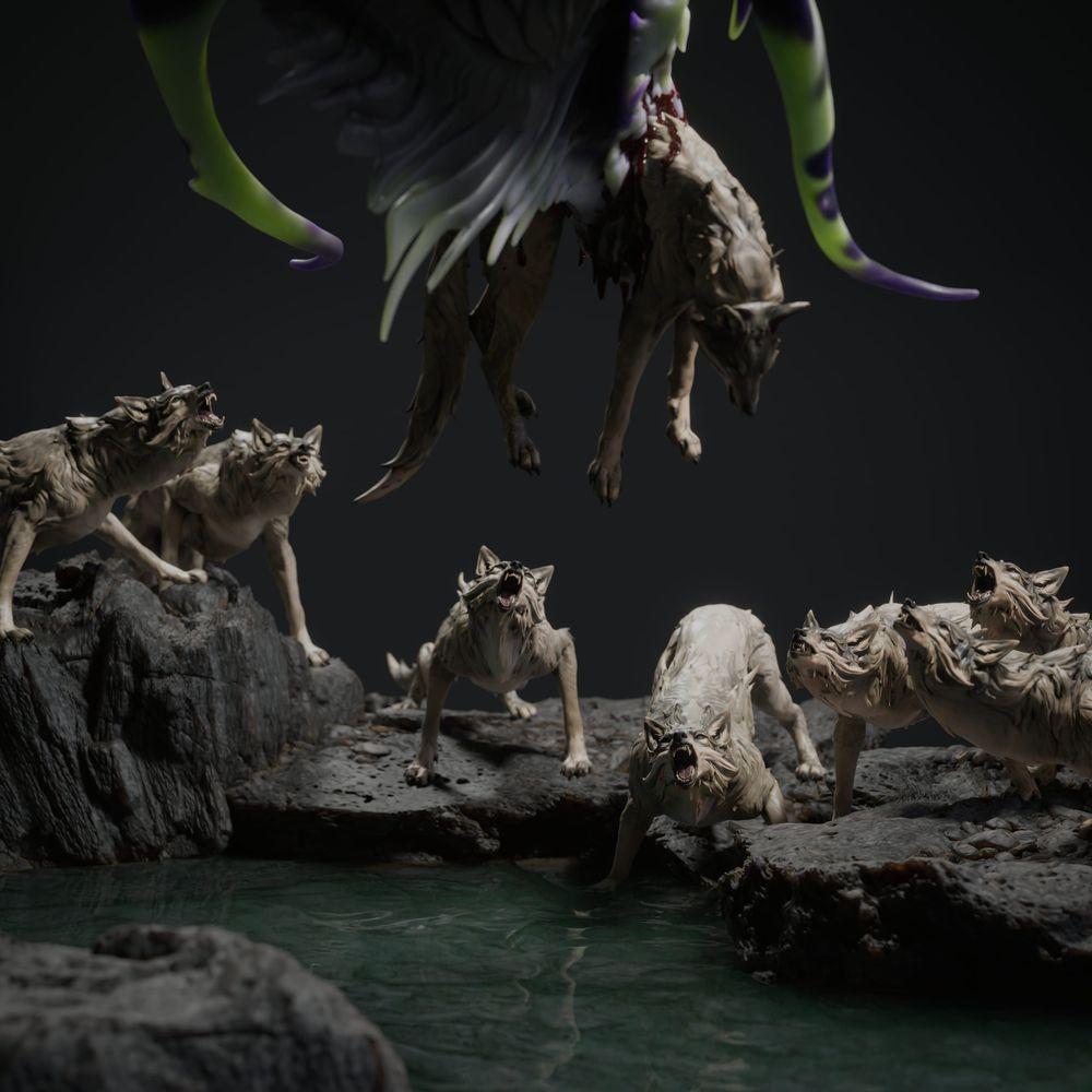 Εικόνα προϊόντος Tabletop 28mm Lord of the Print (LotP) 2: Tabletop Σετ φανταστικών μινιατούρων: Black Dragon Hunt - Μαύρος Δράκος με κυνηγόσκυλα σε σκηνική βάση βράχου (26_03_A1)