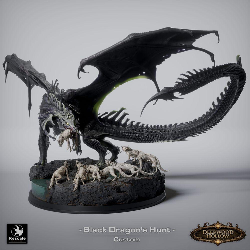 Produktfoto Tabletop 28mm Lord of the Print (LotP) 5: Tabletop Fantasy Miniaturenset: Black Dragon Hunt - Schwarzer Drache mit Jagdhunden auf szenischer Felsenbase (26_03_A1)
