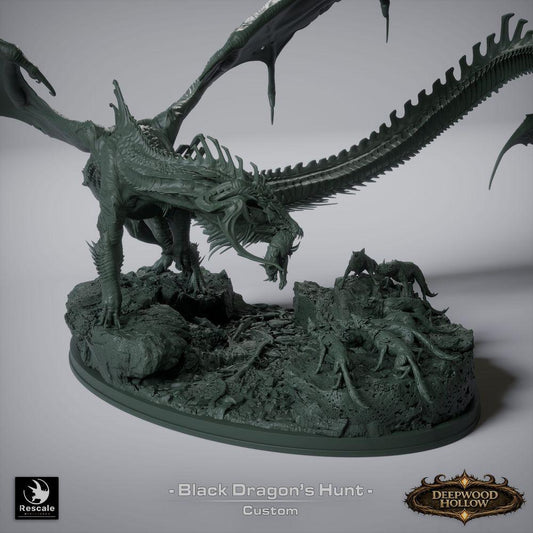 Foto do produto Tabletop 28mm Lord of the Print (LotP) 7: Tabletop Conjunto de miniaturas de fantasia: Black Dragon Hunt - Dragão negro com cães de caça em base de rocha cênica (26_03_A1)