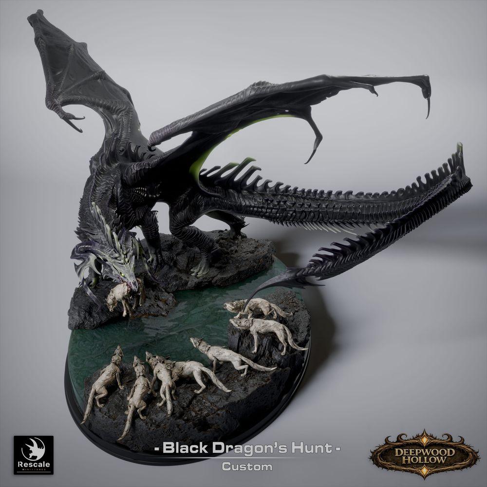 Φωτογραφία προϊόντος Tabletop 28mm Lord of the Print (LotP) 8: Tabletop Σετ φανταστικών μινιατούρων: Black Dragon Hunt - Μαύρος δράκος με κυνηγόσκυλα σε σκηνική βάση βράχου (26_03_A1)