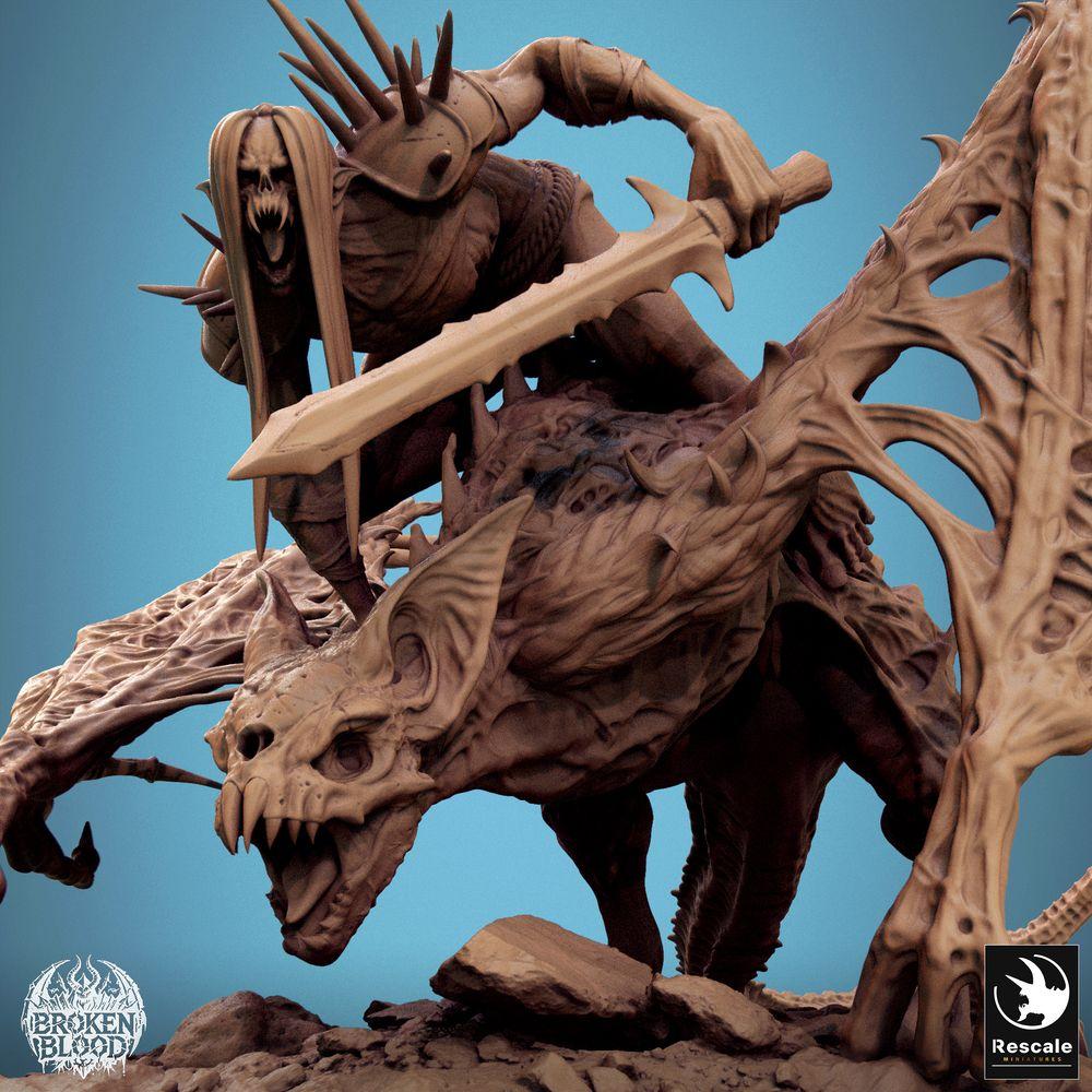 Product photo Tabletop 28mm Lord of the Print (LotP) 2: Tabletop miniature: Undead Dragon Rider on Bone Dragon, Death Knight with Greatsword, Lich-Lord Necromancer, Boss Monster (24_11_D3)