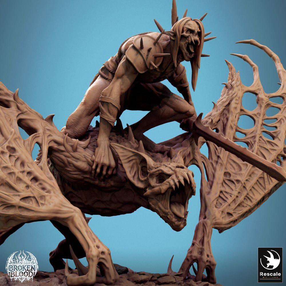Product photo Tabletop 28mm Lord of the Print (LotP) 2: Tabletop miniature: Demon rider on winged beast, wizard/cultist with spear, gargoyle rider, boss monster, character model (24_11_D7)