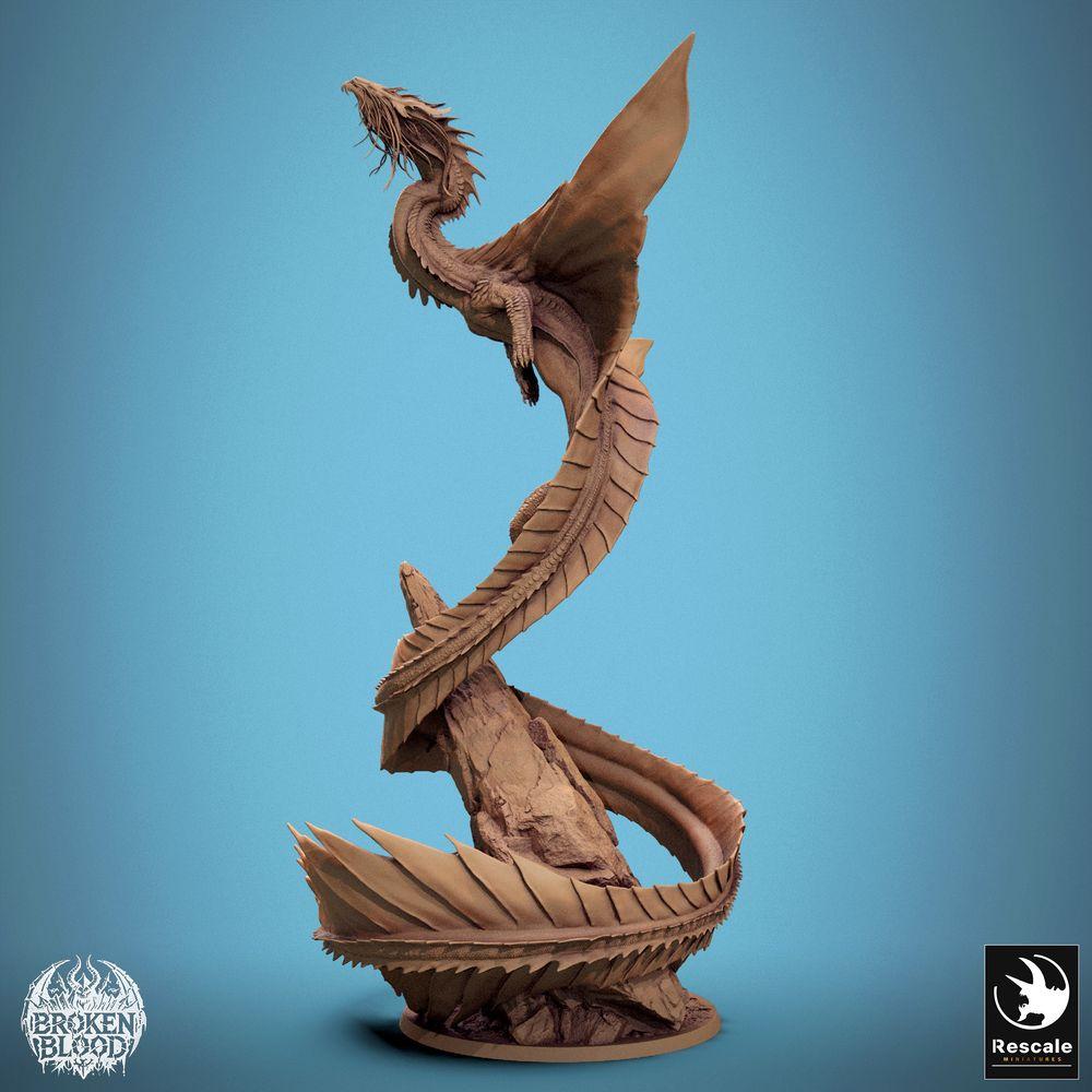 Produktfoto Tabletop 28mm Lord of the Print (LotP) 1: Fantasy Miniatur: Wyvern / Lindwurm Drache, aufsteigendes Bossmonster auf Felsbase, dynamische Flugpose (24_11_F1)