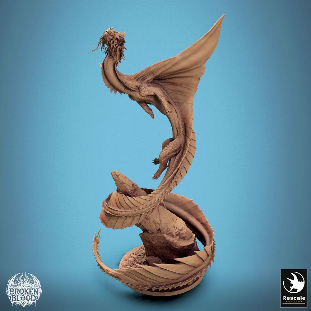Produktfoto Tabletop 28mm Lord of the Print (LotP) 3: Fantasy Miniatur: Wyvern / Lindwurm Drache, aufsteigendes Bossmonster auf Felsbase, dynamische Flugpose (24_11_F1)
