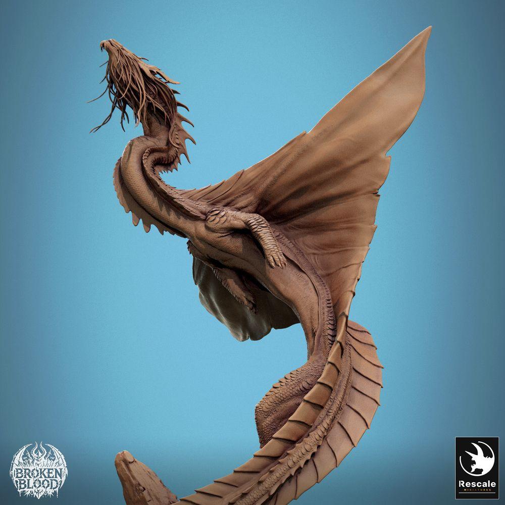 Produktfoto Tabletop 28mm Lord of the Print (LotP) 5: Fantasy Miniatur: Wyvern / Lindwurm Drache, aufsteigendes Bossmonster auf Felsbase, dynamische Flugpose (24_11_F1)