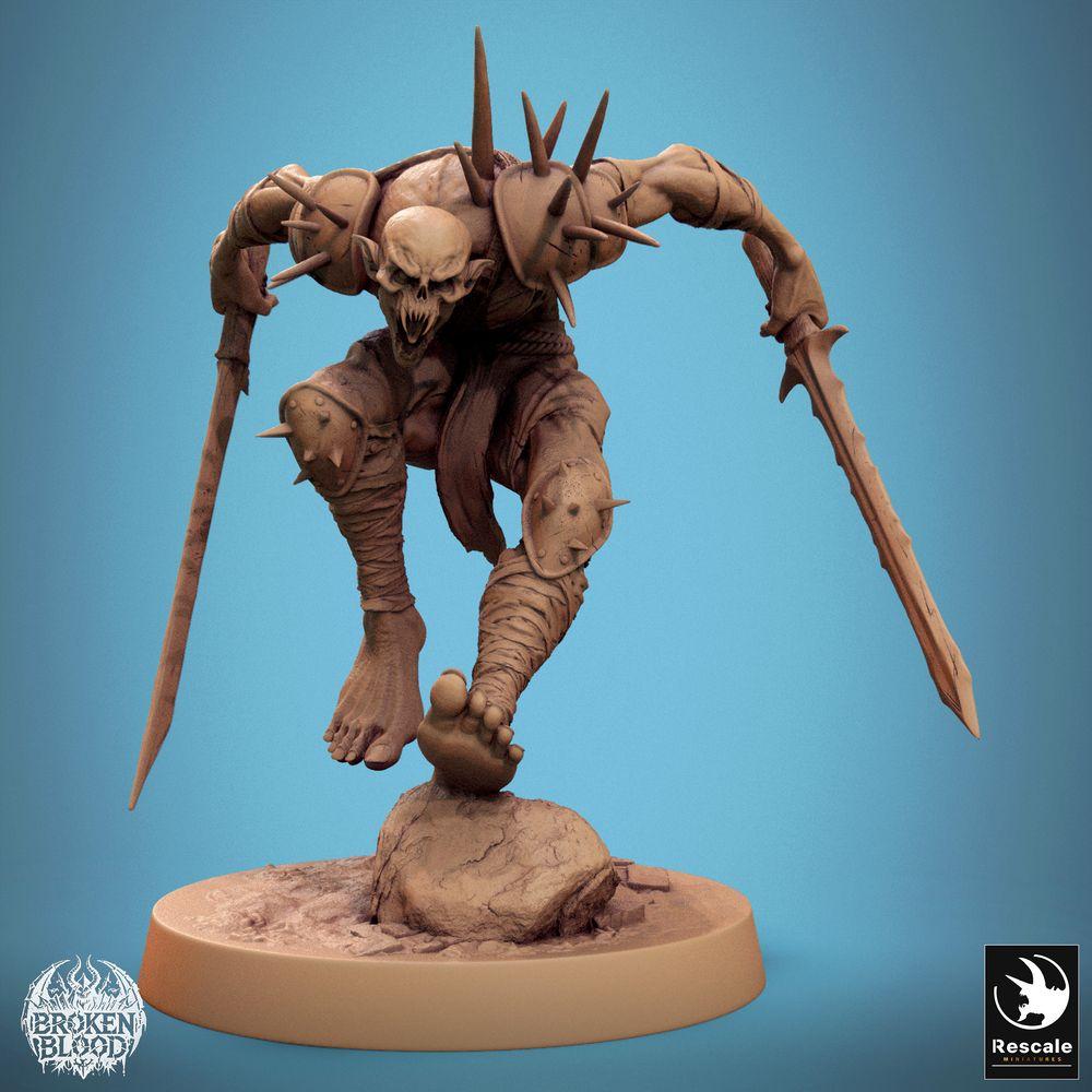 Produktfoto Tabletop 28mm Lord of the Print (LotP) 0: Tabletop Miniatur: Untoter Ghul Verwüster Ghoul Ravager, Todeslandung im Sprung, Schädelkrieger mit Knochenklingen, monströser Elite Nahkämpfer (24_11_C13)