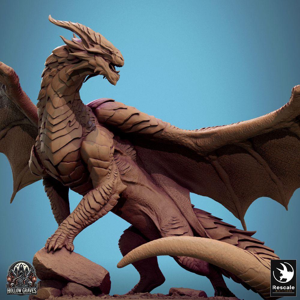 Foto del prodotto Tabletop 28mm Lord of the Print (LotP) 0: Figurina Fantasy: Drago di Rame, antico Wyrm e Signore dei Draghi, ruggente con le ali spiegate, su base di roccia, mostro boss (24_10_D1)