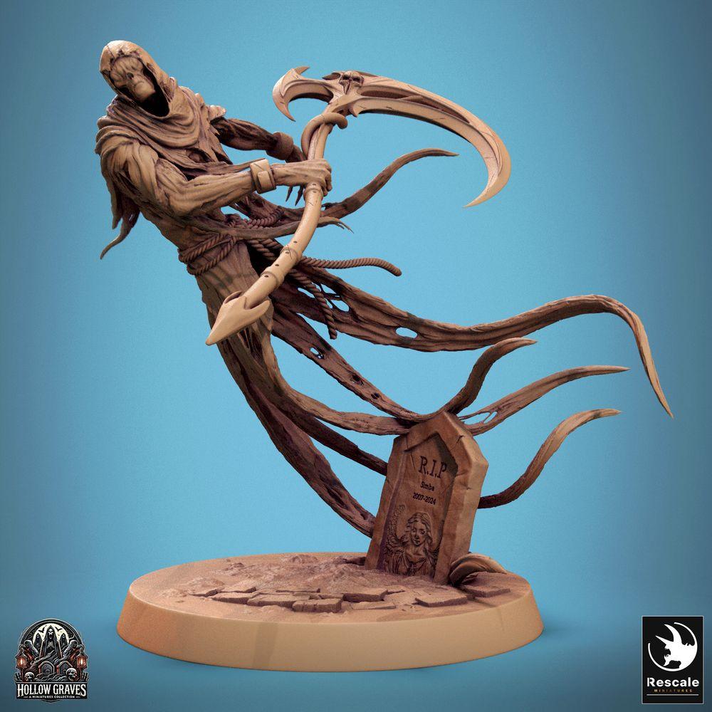 Produktfoto Tabletop 28mm Lord of the Print (LotP) 0: Tabletop Miniatur: Untoter Sensenmann Wraith, Geist mit zweiklingiger Sense, schwebender Dungeon-Boss auf Grabstein-Base (24_10_A1)