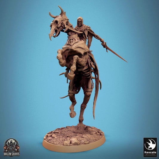 Product photo Tabletop 28mm Lord of the Print (LotP) 0: Tabletop miniature: Undead Knight on Horseback - Death Knight, Cursed Rider, Skeleton Cavalry Leader in Charge with Longsword (C6 Doomstride Rush) (24_10_C6)
