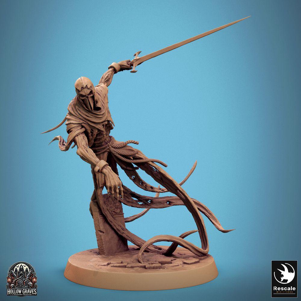 Produktový obrázek Tabletop 28mm Lord of the Print (LotP) 0: Tabletop miniatura: Maskovaný Wraith, spektrální šermíř a nemrtvý assassin s dlouhým mečem, roztrhané roucho, dynamická póza na základně ruin (24_10_B3)