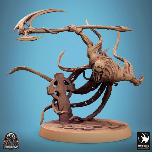 Product photo Tabletop 28mm Lord of the Print (LotP) 0: Tabletop miniature: Wraith Spirit Reaper with polearm, double-bladed scythe/halberd - masked, floating grave spirit at the tomb (24_10_B4)