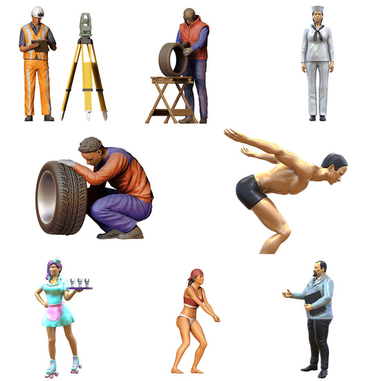Kategorie-Bild für Diorama und Modellbau: 8 3d gedruckte Miniatur-Figuren, darunter eine Kellnerin, ein Schwimmer, ein Mechaniker mit Reifen, ein Arbeiter und ein Matrose