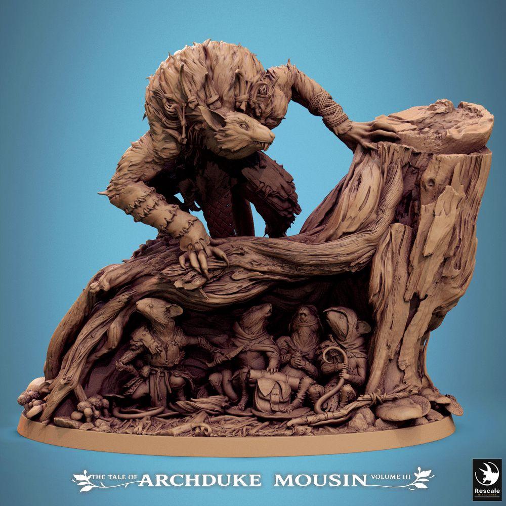 Zdjęcie produktu Tabletop 28mm Lord of the Print (LotP) 2: Miniatura Tabletop: Hybryda człowieka-zwierzęcia wilkołaka na pniu drzewa, leśna bestia i alfa-drapieżnik, boss lochu, baza sceniczna z myszami i szczurami (25_07_R1)