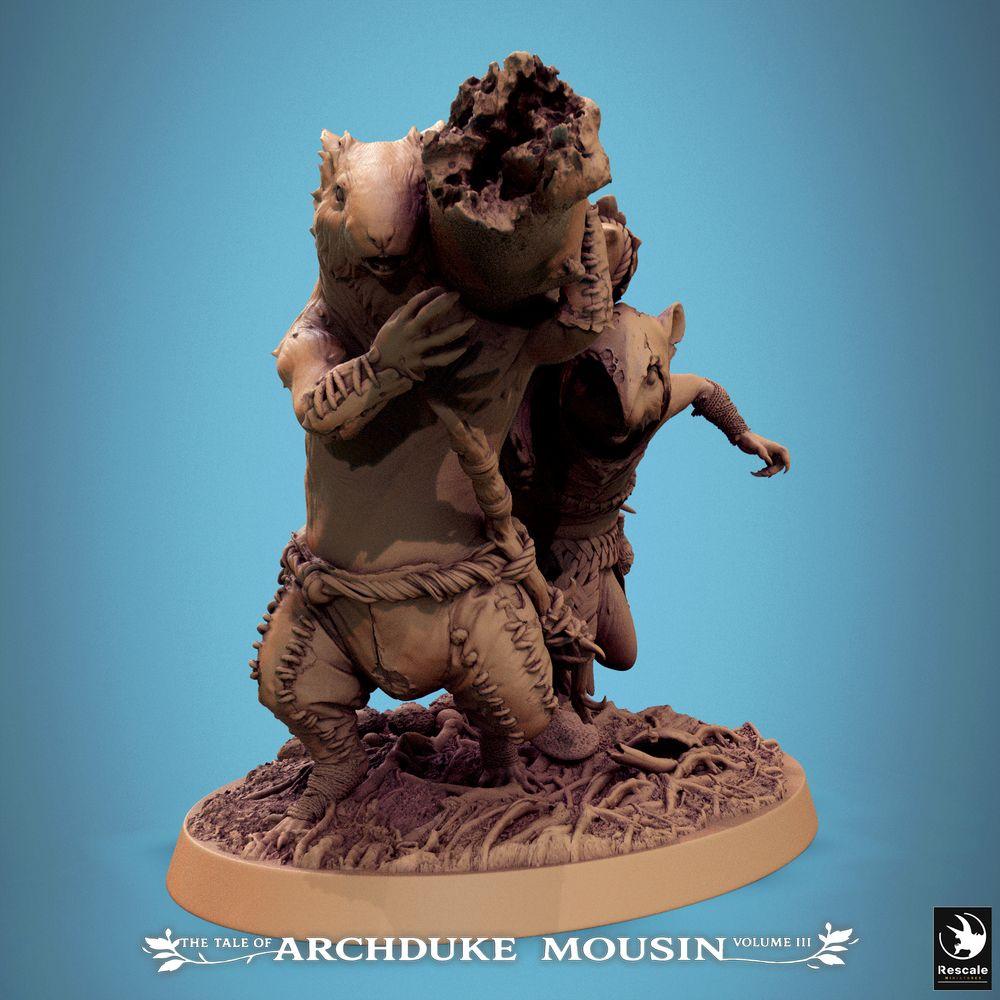 Produktový obrázek Tabletop 28mm Lord of the Print (LotP) 0: Tabletop miniatura: Rattí lidé nosičské duo - hlodavčí pionýrský tým se spreng- nebo ramming nákladem, obléhací zbraň, Wargame jednotka a Skirmish proxy (25_07_Q11)