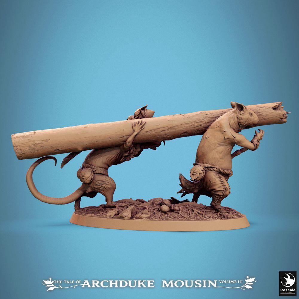 Produktový obrázek Tabletop 28mm Lord of the Print (LotP) 1: Tabletop miniatura: Dvojice nosičů Rattenmenschen - Pionýrský tým s výbušným nebo beranidlovým nákladem, obléhací zbraň, jednotka pro wargame a skirmish proxy (25_07_Q11)