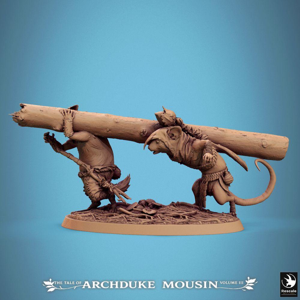 Produktová fotografie Tabletop 28mm Lord of the Print (LotP) 2: Tabletop miniatura: Rattí lidé nosičské duo - hlodavčí pionýrský tým se sprengovací nebo beranidlovou zátěží, obléhací zbraň, jednotka pro wargame a skirmish proxy (25_07_Q11)