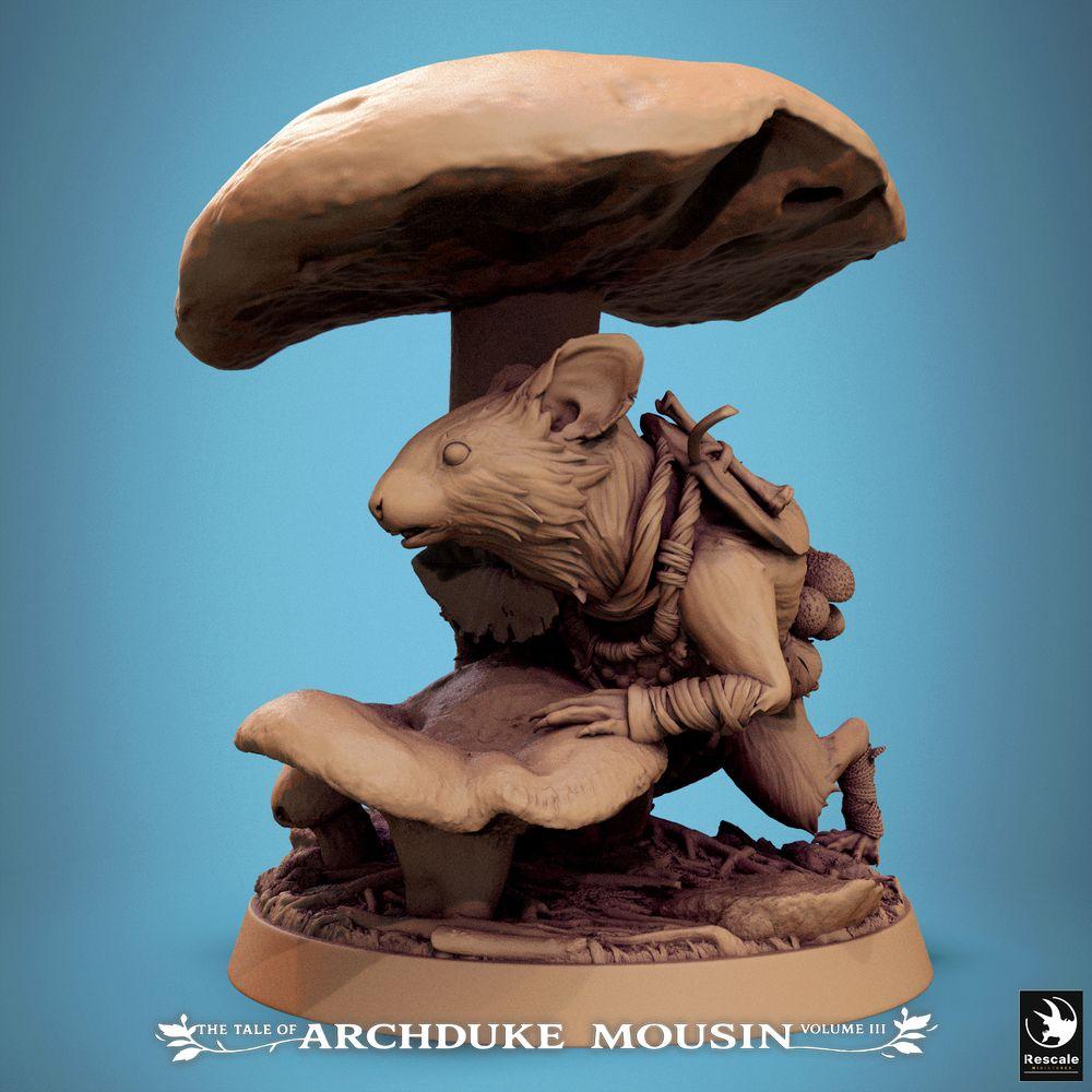 Product photo Tabletop 28mm Lord of the Print (LotP) 1: Fantasy Figure: Anthropomorphic Mouse - Ranger, Rogue, Scout in Mushroom Forest under Mushroom Cap, Leaf Cloak, Scenic Base (25_07_Q21)