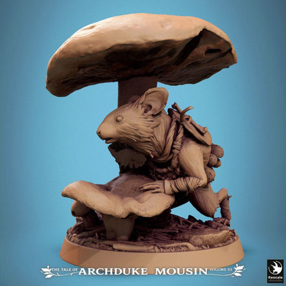 Zdjęcie produktu Tabletop 28mm Lord of the Print (LotP) 1: Figurki fantasy: antropomorficzna mysz - leśnik/ranger, złodziej, zwiadowca w lesie grzybowym pod kapeluszem grzyba, peleryna z liści, baza sceniczna (25_07_Q21)