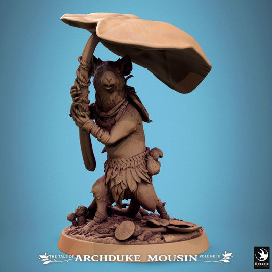 Produktfoto Tabletop 28mm Lord of the Print (LotP) 0: Tabletop miniatura: Tierfolk myší válečník lesního lidu, hraničář a houbový válečník s houbovým štítem a houbovou holí (25_07_Q25)