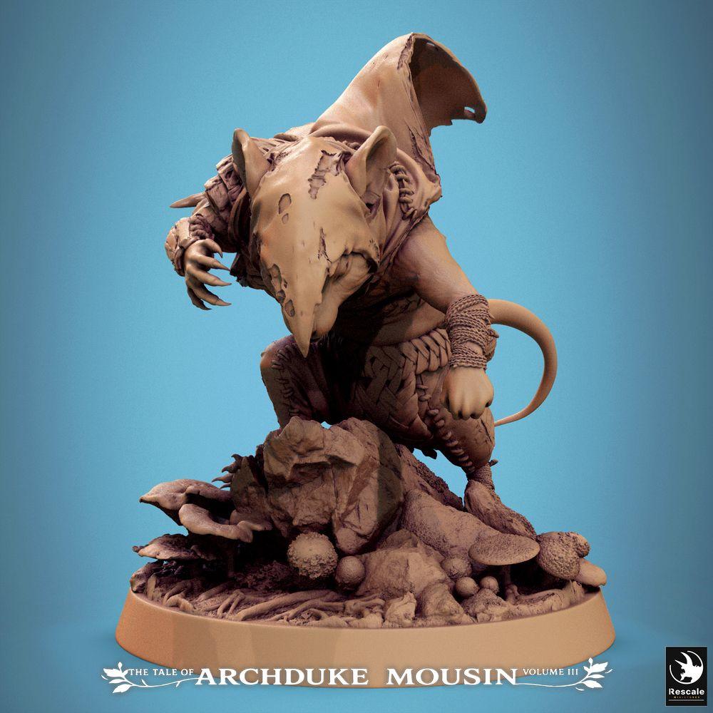 Foto do produto Tabletop 28mm Lord of the Print (LotP) 0: Miniatura de Tabletop: Assassino/Roubo do Povo Rato, agachado e pronto para saltar com capuz e manto - Espectador de túnel, corredor das sombras em base cênica de rocha (25_07_Q27)